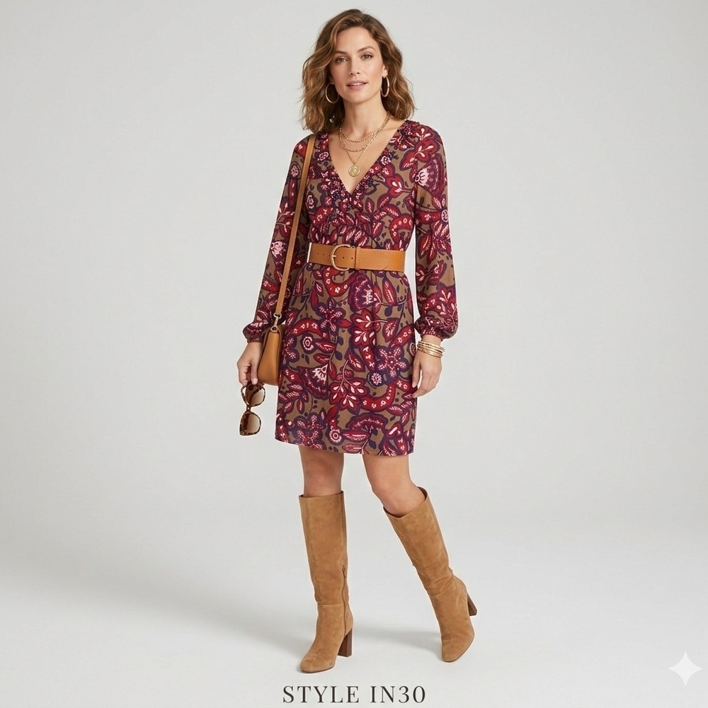 INC INTERNATIONAL CONCEPTS Brown Red Floral Print long Sleeve A-line dress M